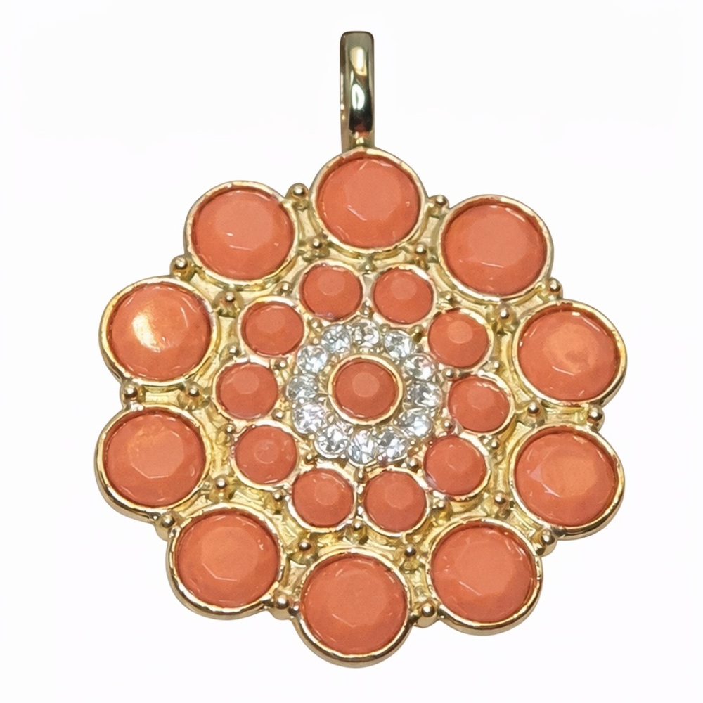 Premier Designs Coral Gold Pendant Brooch Convertible Floral Rhinestone